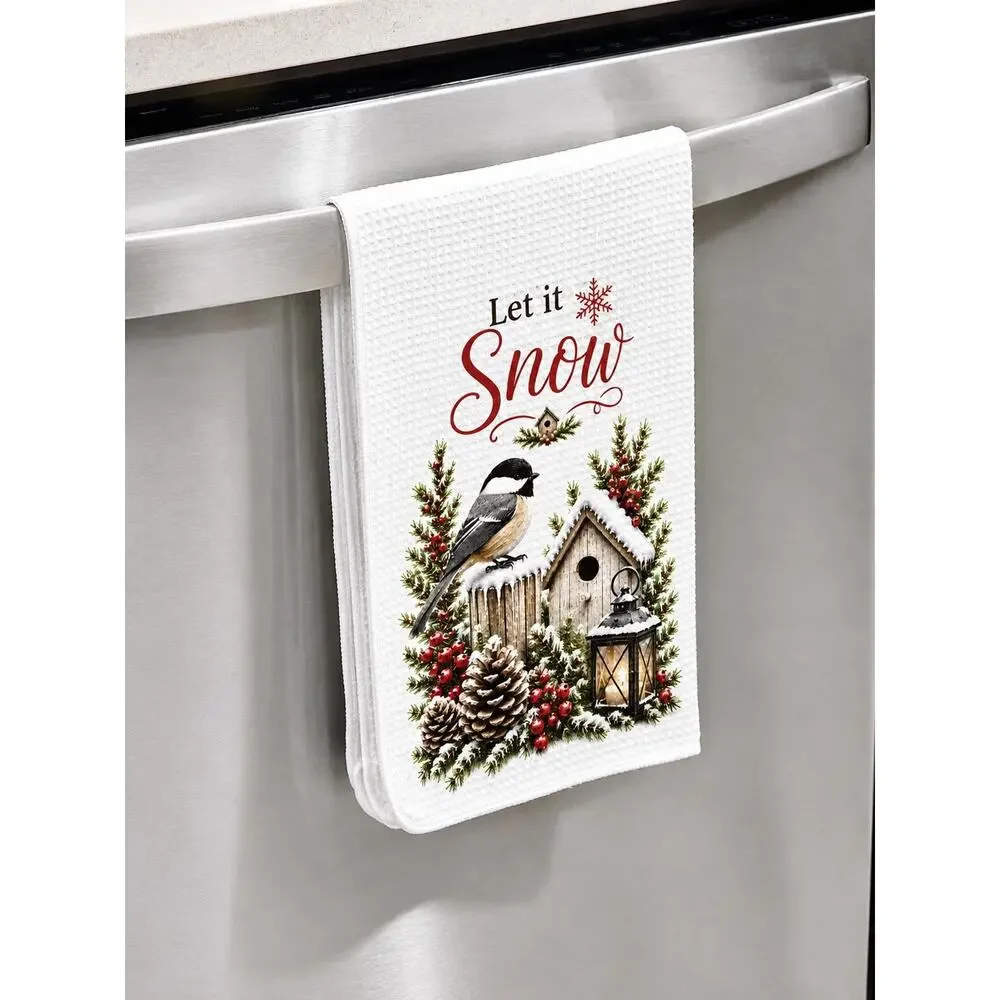 Let It Snow Chickadee Winter Kitchen Towel Rustic Farmhouse Birdhouse Decor